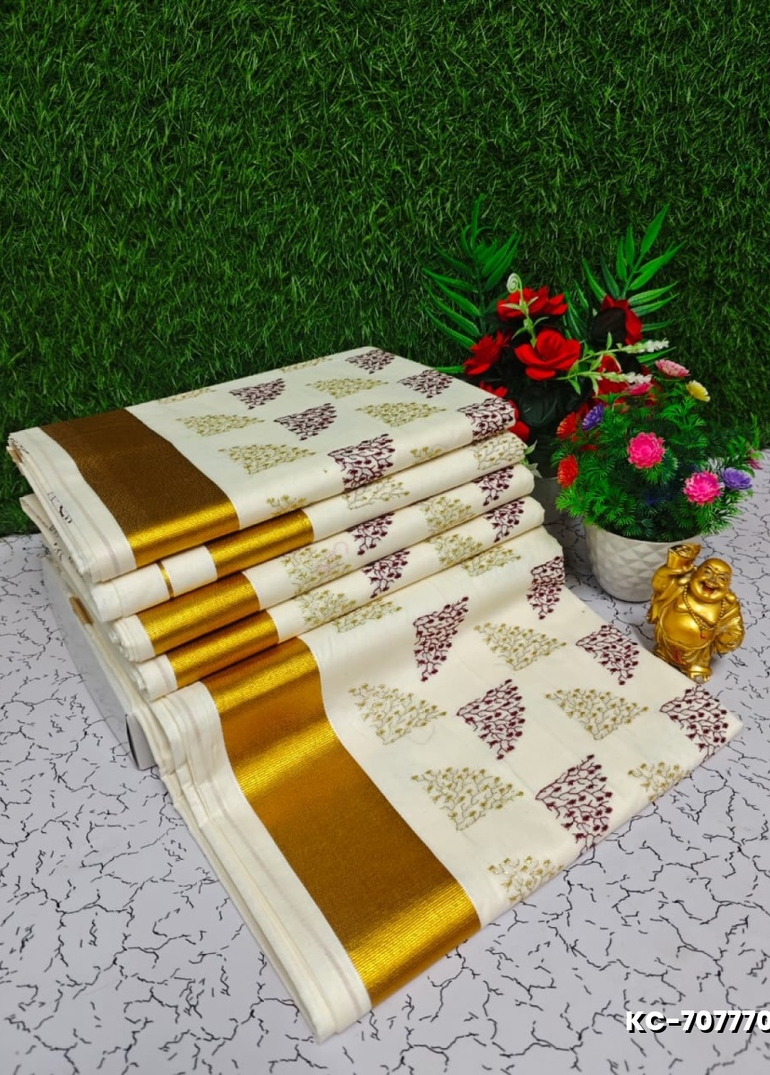 Trending Kerala Onam Special Kasavu Saree Full Work Embossed Digital Printing Cotton Saree Collections - IVORY COLOUR (2)