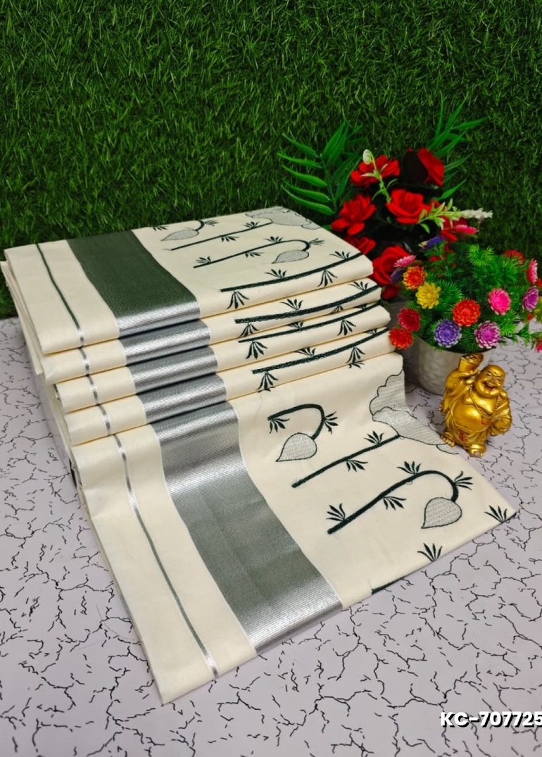 Trending Kerala Onam Special Kasavu Saree Full Work Embossed Digital Printing Cotton Saree Collections - WHITE (2)