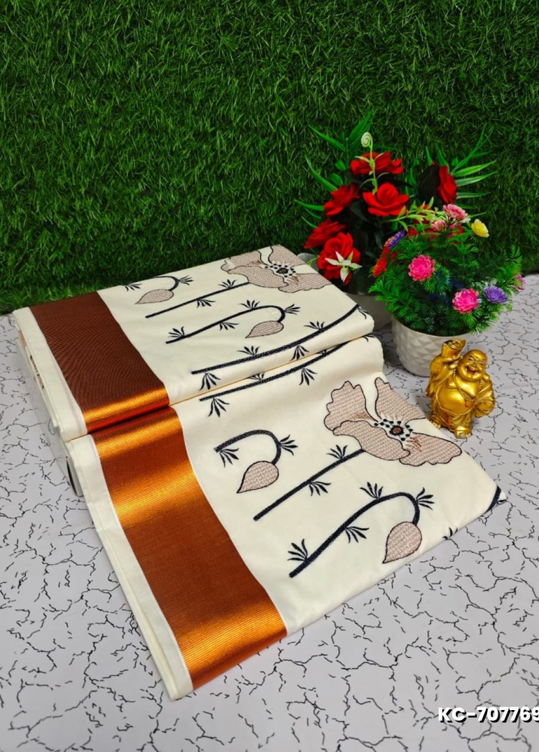 Trending Kerala Onam Special Kasavu Saree Full Work Embossed Digital Printing Cotton Saree Collections - BEIGE COLOUR (2)