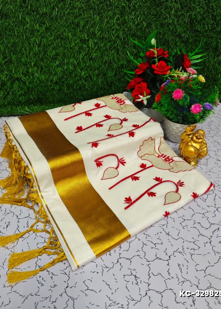 Trending Kerala Onam Special Kasavu Saree Full Work Embossed Digital Printing Cotton Saree Collections - WHITE (3)