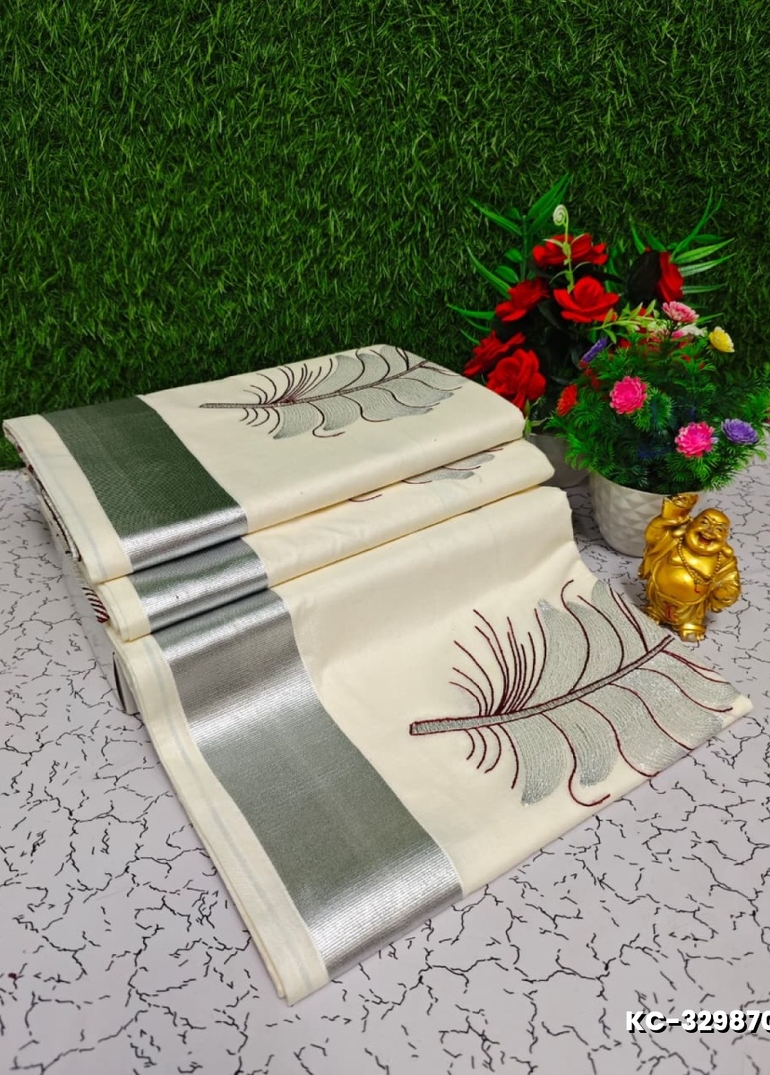 Trending Kerala Onam Special Kasavu Saree Full Work Embossed Digital Printing Cotton Saree Collections - IVORY COLOUR (3)