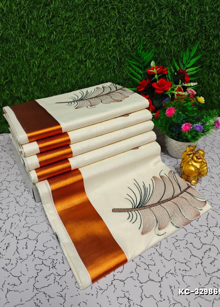 Trending Kerala Onam Special Kasavu Saree Full Work Embossed Digital Printing Cotton Saree Collections - BEIGE COLOUR (3)