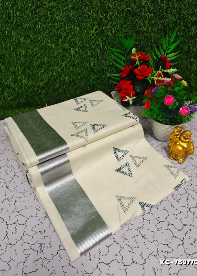 Trending kerala onam special kasavu saree full work embossed digital printing cotton saree collections - IVORY COLOUR (6)