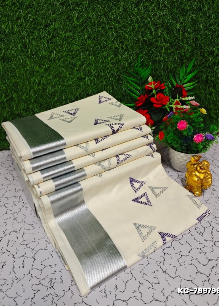 Trending kerala onam special kasavu saree full work embossed digital printing cotton saree collections - WHITE N (5)