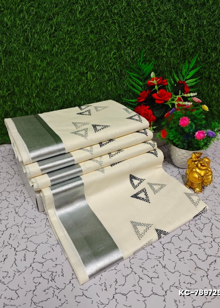 Trending kerala onam special kasavu saree full work embossed digital printing cotton saree collections - WHITE (6)