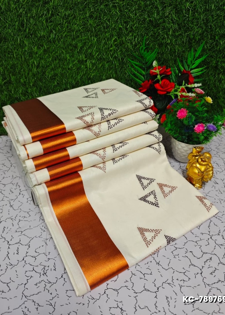 Trending kerala onam special kasavu saree full work embossed digital printing cotton saree collections - BEIGE COLOUR (6)