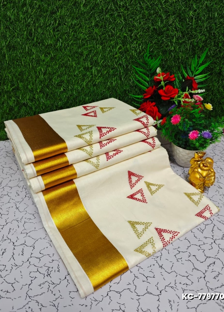 Trending kerala onam special kasavu saree full work embossed digital printing cotton saree collections - IVORY COLOUR (7)