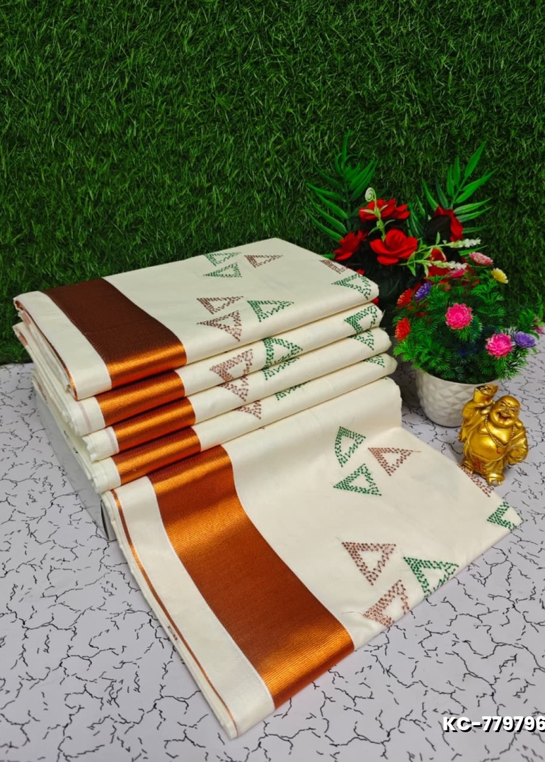 Trending kerala onam special kasavu saree full work embossed digital printing cotton saree collections - WHITE N (6)