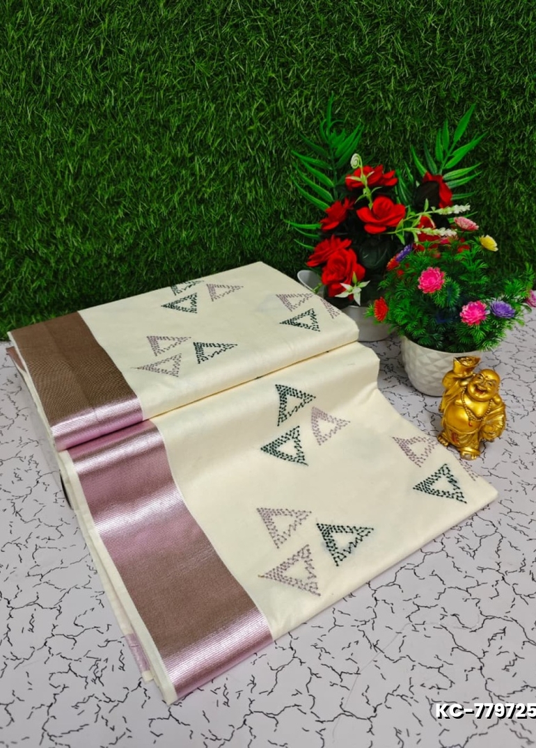 Trending kerala onam special kasavu saree full work embossed digital printing cotton saree collections - WHITE (7)