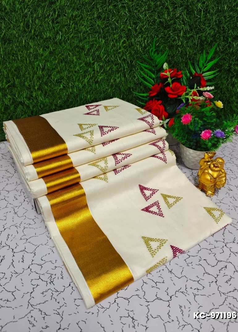 Trending kerala onam special kasavu saree full work embossed digital printing cotton saree collections - WHITE N (7)