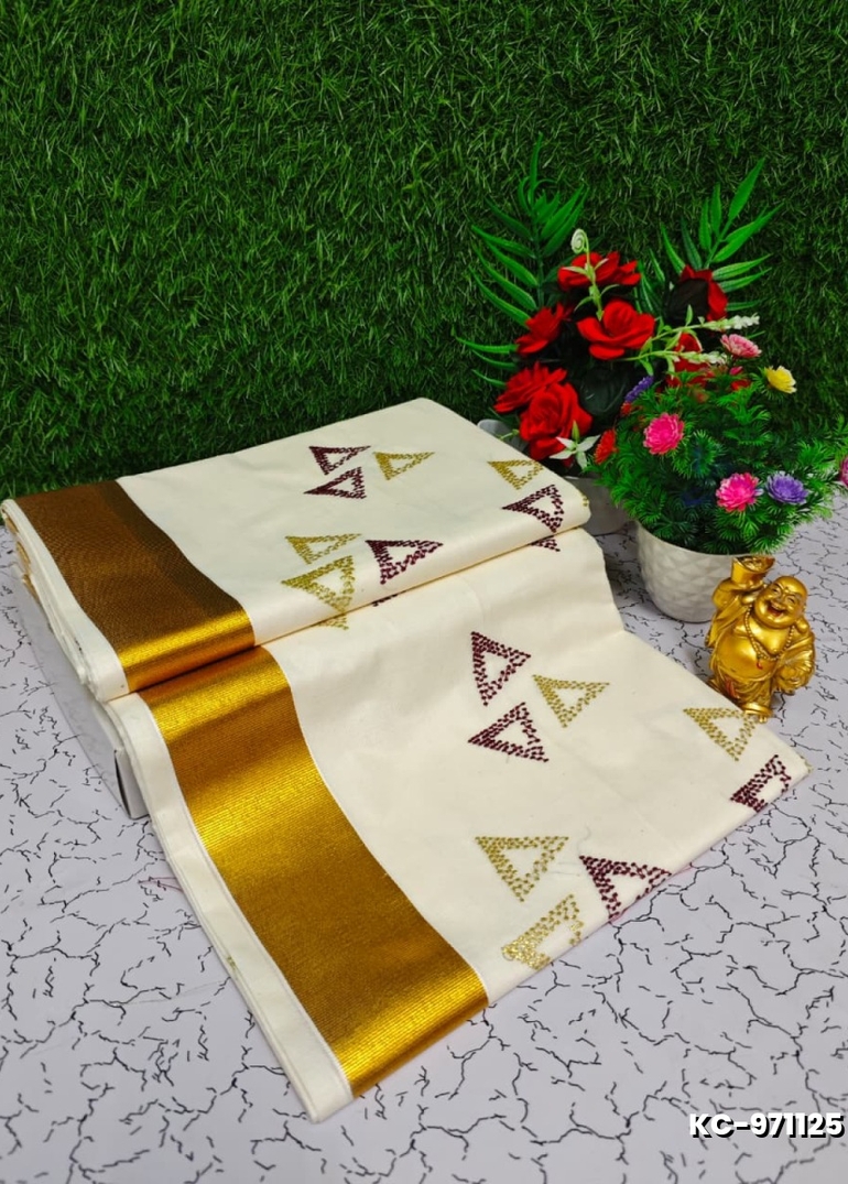 Trending kerala onam special kasavu saree full work embossed digital printing cotton saree collections - WHITE (8)