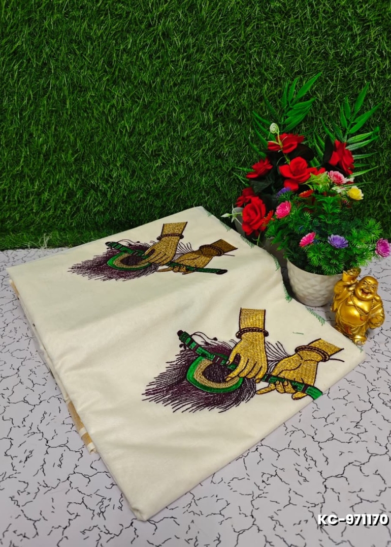 Trending kerala onam special kasavu saree full work embossed digital printing cotton saree collections - IVORY COLOUR (8)