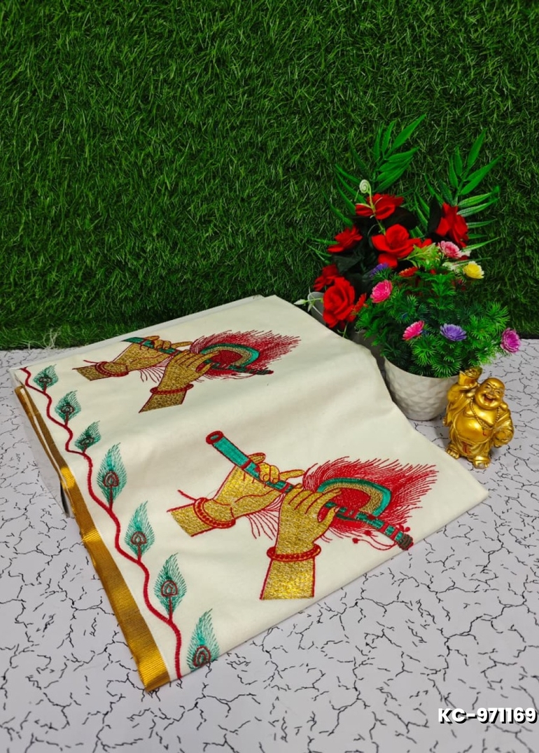 Trending kerala onam special kasavu saree full work embossed digital printing cotton saree collections - BEIGE COLOUR (8)