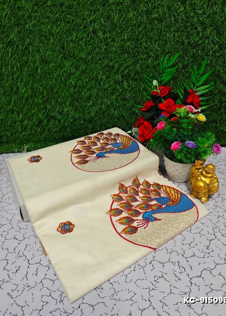 Trending kerala onam special kasavu saree full work embossed digital printing cotton saree collections - WHITE N (9)