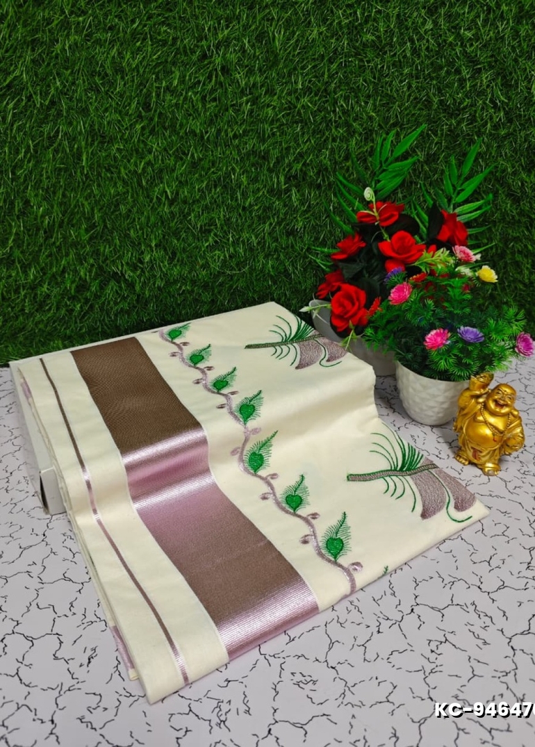 Trending kerala onam special kasavu saree full work embossed digital printing cotton saree collections - IVORY COLOUR (15)