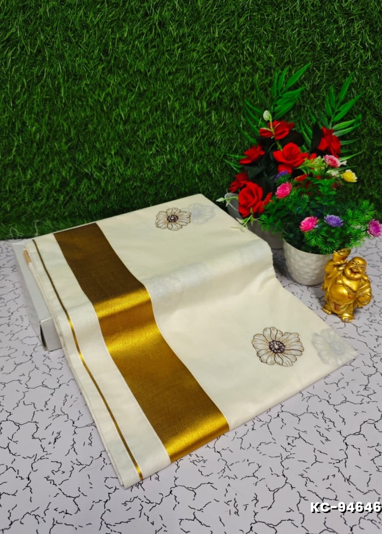 Trending kerala onam special kasavu saree full work embossed digital printing cotton saree collections - BEIGE COLOUR (15)