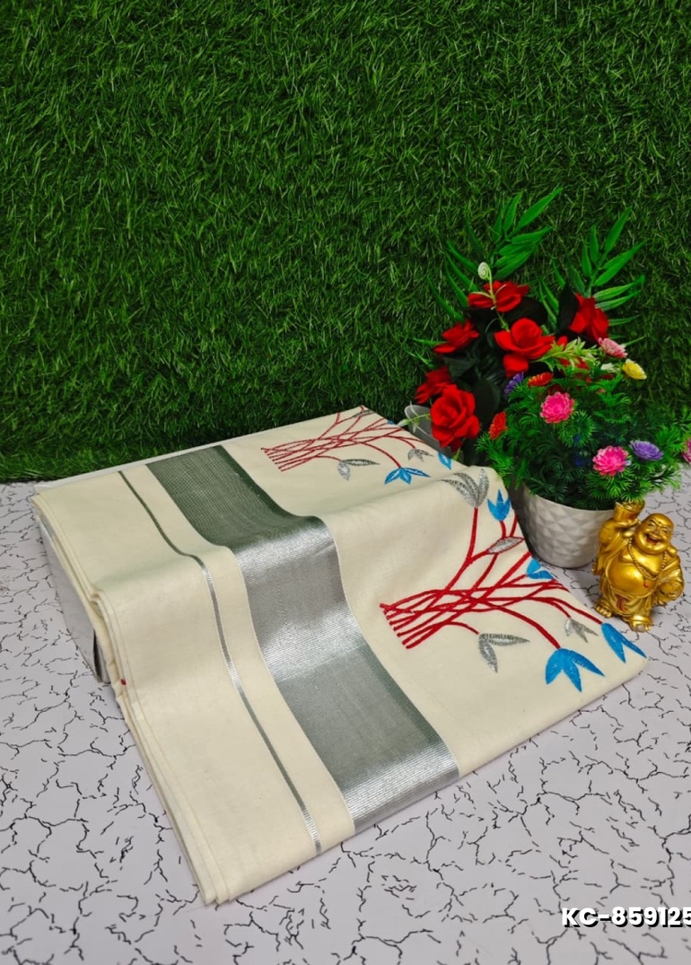 Trending kerala onam special kasavu saree full work embossed digital printing cotton saree collections - WHITE (16)