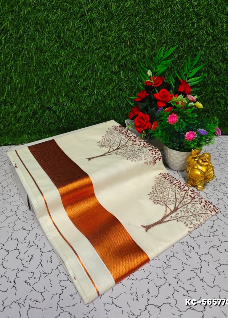 Trending kerala onam special kasavu saree full work embossed digital printing cotton saree collections - IVORY COLOUR (18)