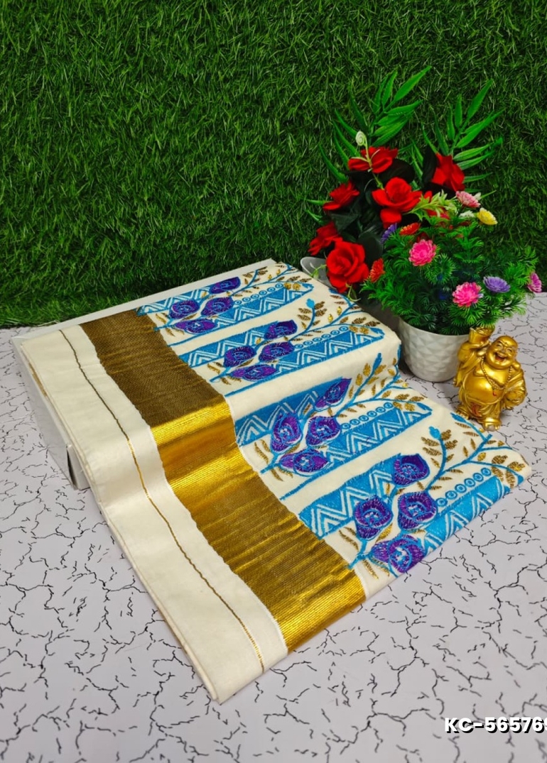 Trending kerala onam special kasavu saree full work embossed digital printing cotton saree collections - BEIGE COLOUR (18)