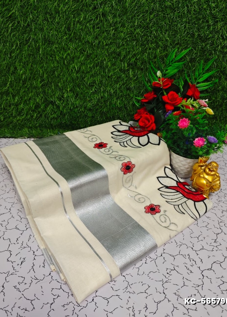 Trending kerala onam special kasavu saree full work embossed digital printing cotton saree collections - WHITE N (17)