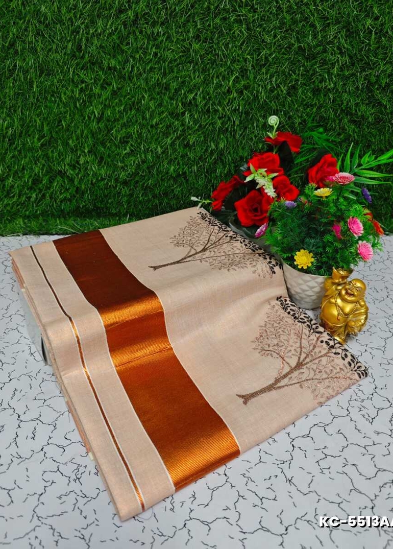 Trending Kerala Onam Special Kasavu Saree Full Work Embossed Digital Printing Tissue Saree Collections - MILD COPPER