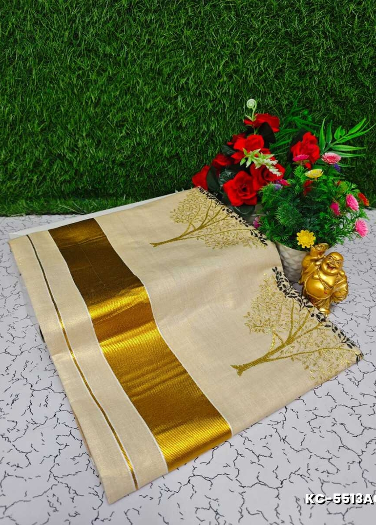 Trending Kerala Onam Special Kasavu Saree Full Work Embossed Digital Printing Tissue Saree Collections - LIGHT GOLD