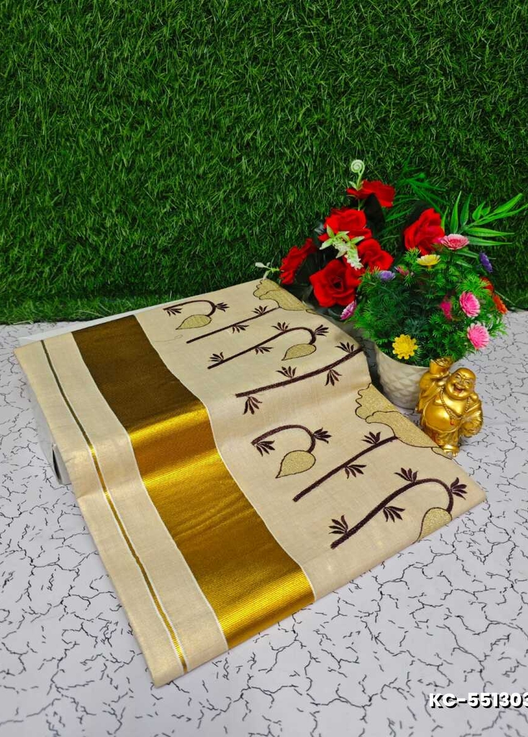 Trending Kerala Onam Special Kasavu Saree Full Work Embossed Digital Printing Tissue Saree Collections - GOLD