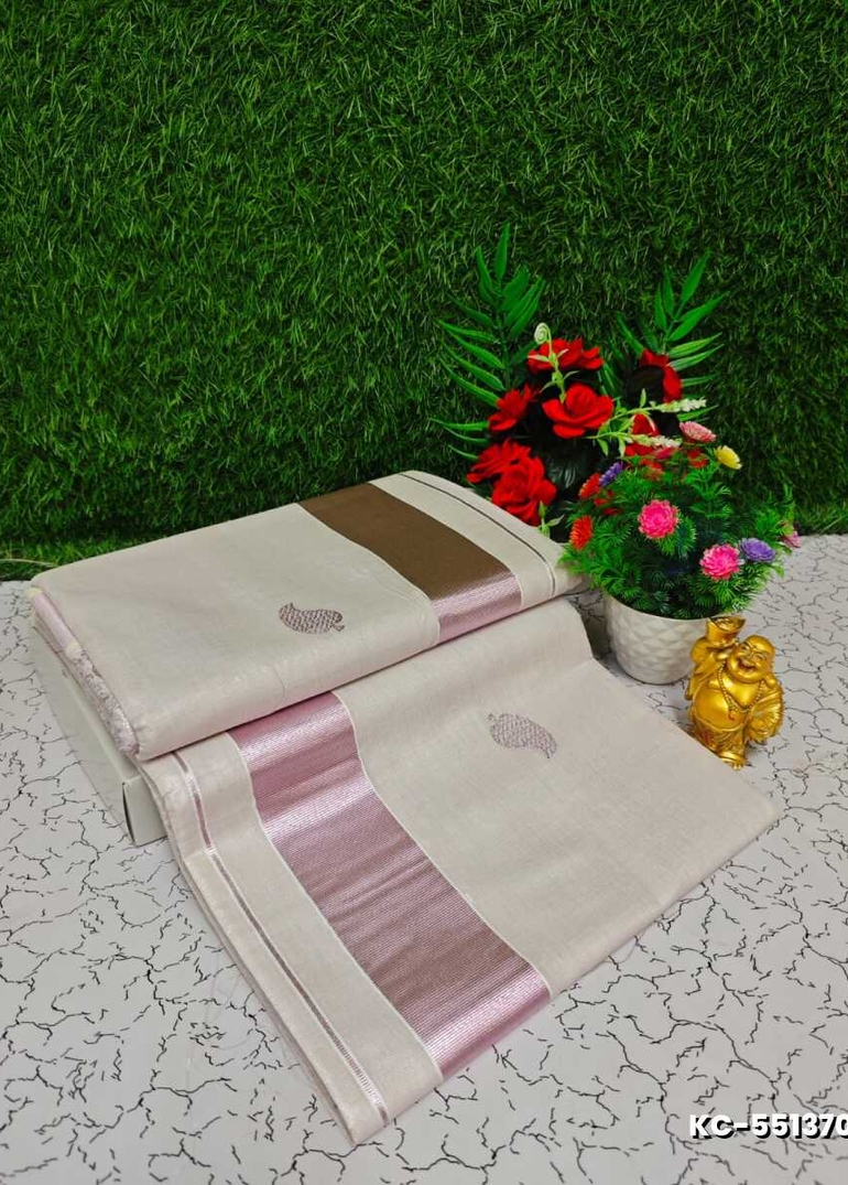 Trending Kerala Onam Special Kasavu Saree Full Work Embossed Digital Printing Tissue Saree Collections - IVORY COLOUR