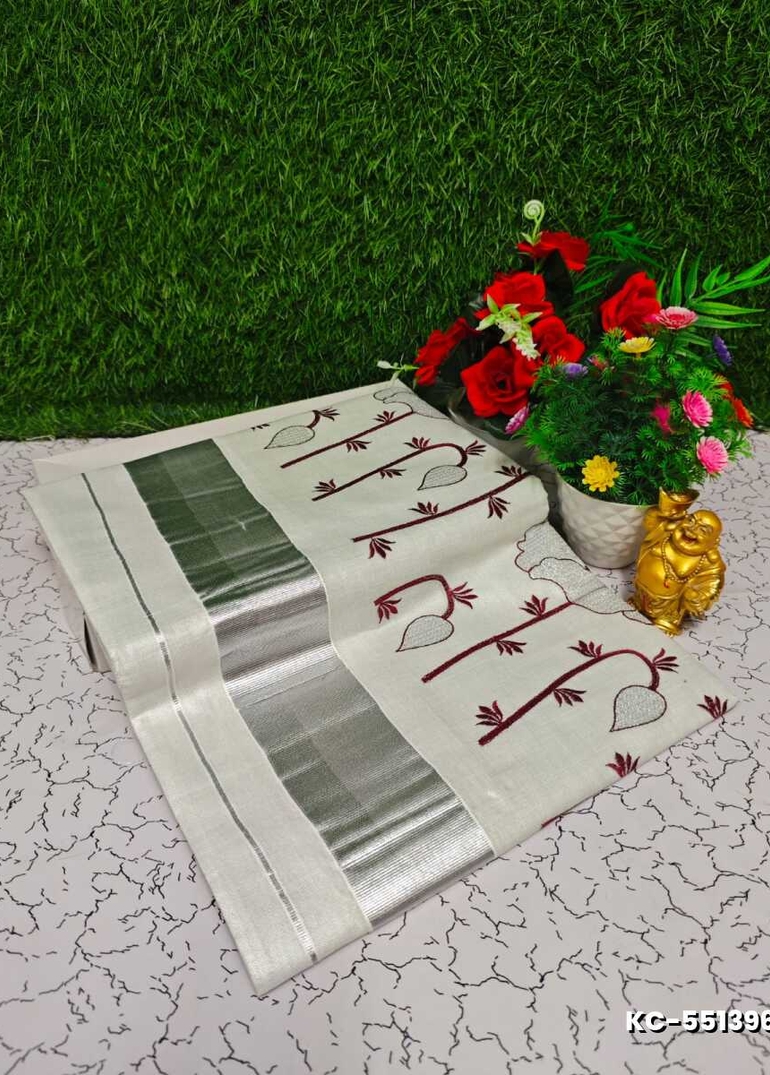 Trending Kerala Onam Special Kasavu Saree Full Work Embossed Digital Printing Tissue Saree Collections - WHITE N