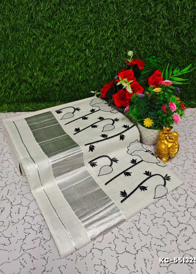 Trending Kerala Onam Special Kasavu Saree Full Work Embossed Digital Printing Tissue Saree Collections - WHITE