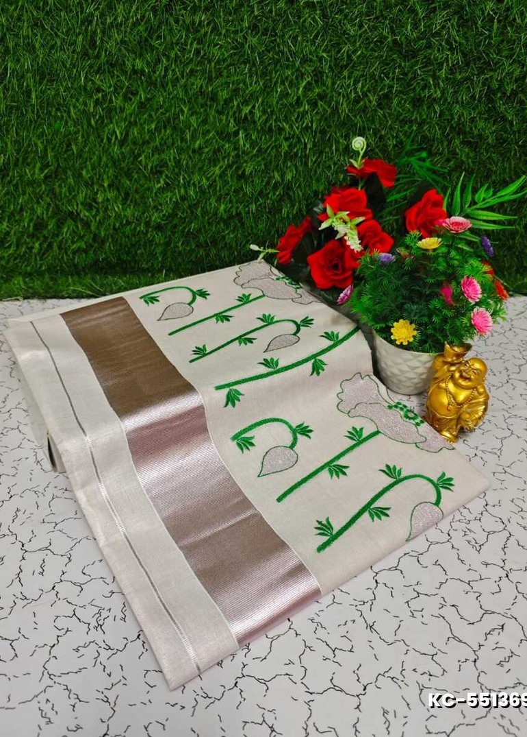 Trending Kerala Onam Special Kasavu Saree Full Work Embossed Digital Printing Tissue Saree Collections - BEIGE COLOUR