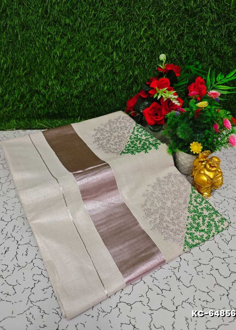Trending Kerala Onam Special Kasavu Saree Full Work Embossed Digital Printing Tissue Saree Collections - BEIGE COLOUR (1)