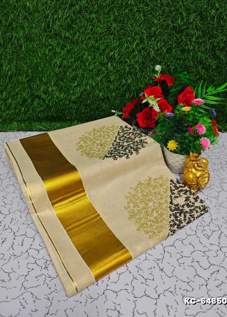 Trending Kerala Onam Special Kasavu Saree Full Work Embossed Digital Printing Tissue Saree Collections - GOLD (1)