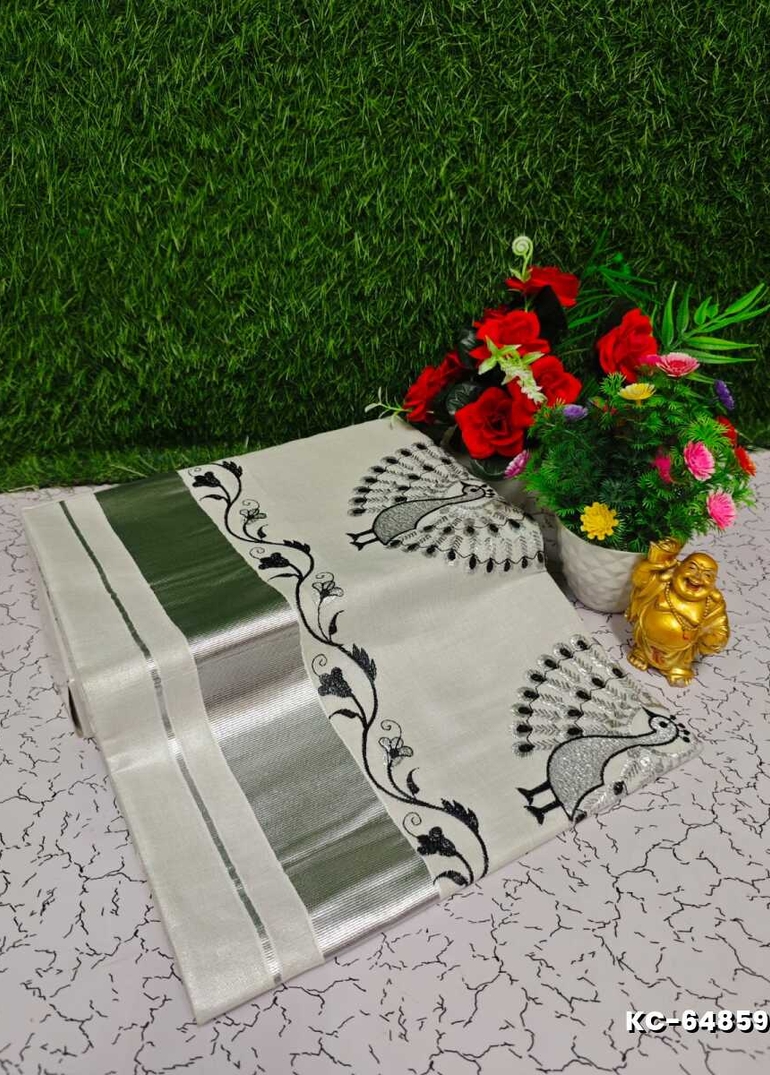 Trending Kerala Onam Special Kasavu Saree Full Work Embossed Digital Printing Tissue Saree Collections - WHITE N (1)