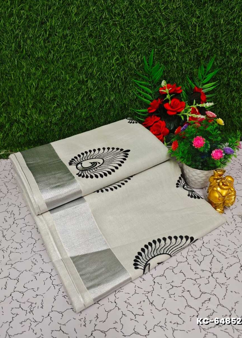 Trending Kerala Onam Special Kasavu Saree Full Work Embossed Digital Printing Tissue Saree Collections - WHITE (1)