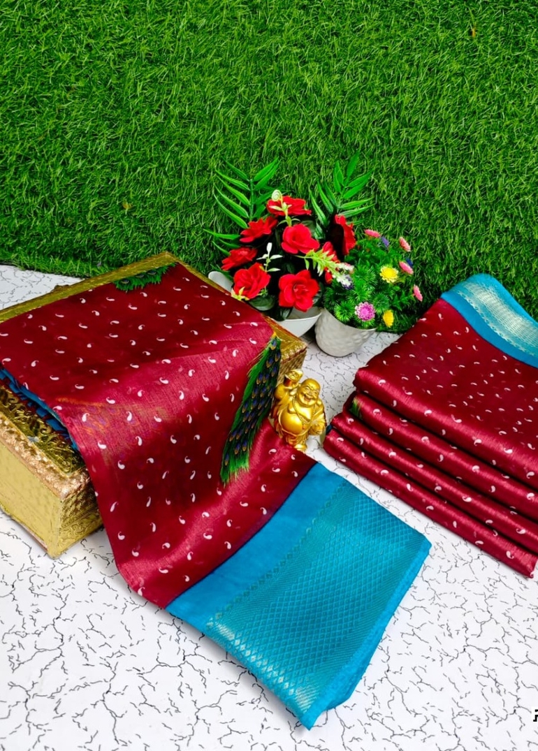 Fancy Print  Office Wear Cotton Sarees All Over Body Peacock Design Premium Look lightweight Comfortable Wear - MERUN