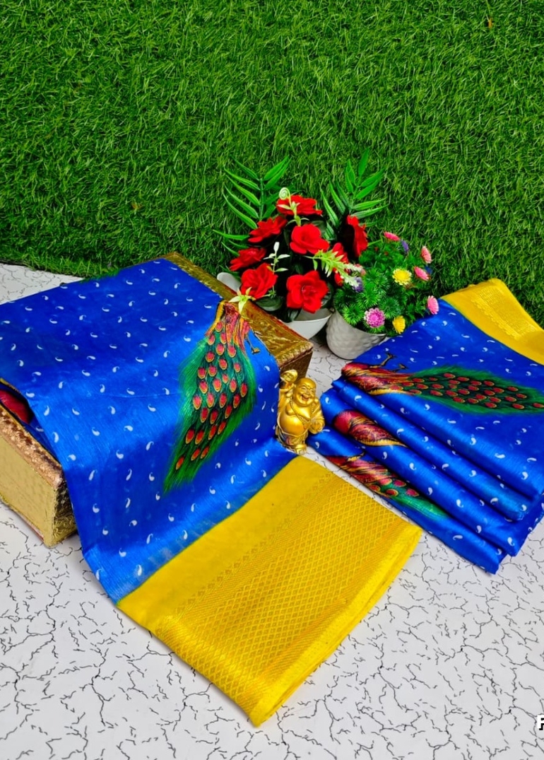 Fancy Print  Office Wear Cotton Sarees All Over Body Peacock Design Premium Look lightweight Comfortable Wear - ROYAL BLUE