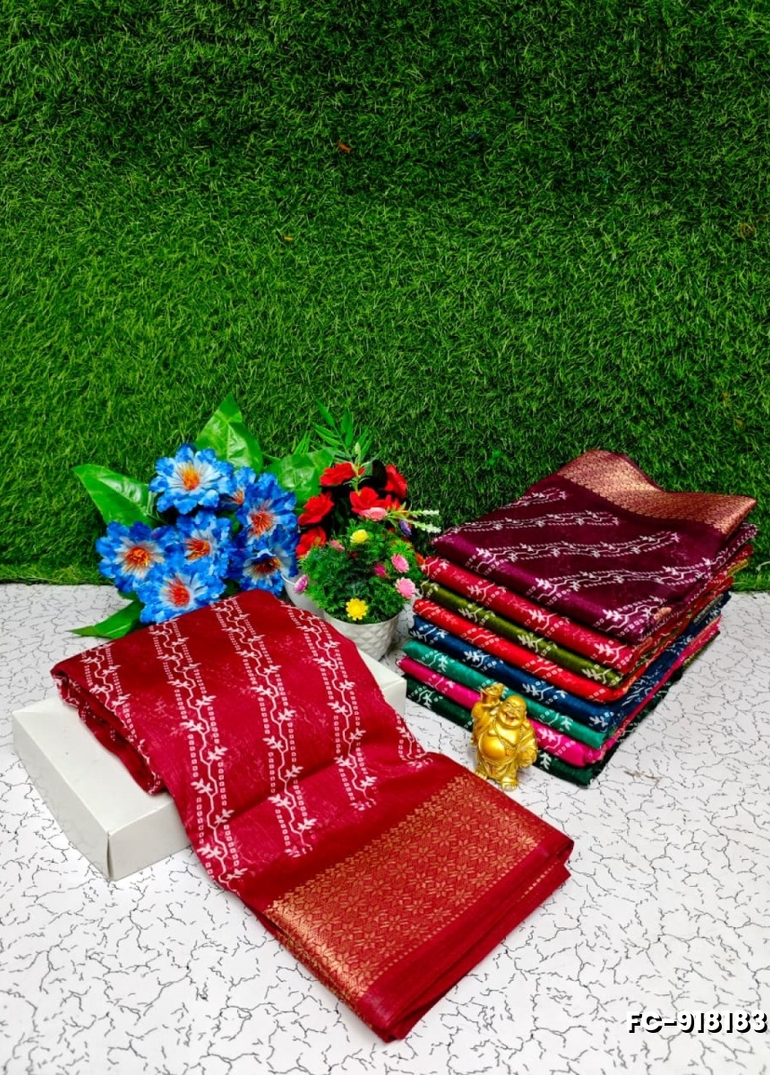 Fancy Print  Office Wear Cotton Sarees All Over Body Cross Line Dots And Little Leaf Design trailing pattern Premium Look lightweight Comfortable Wear - TOMATO COLOUR