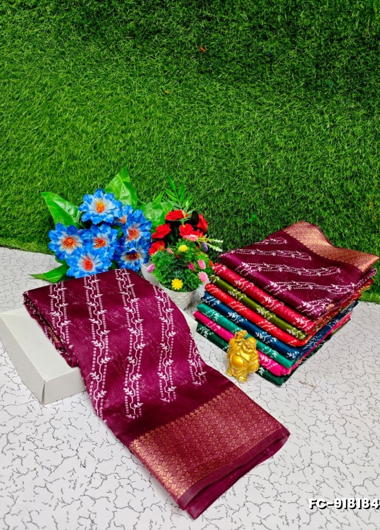 Fancy Print  Office Wear Cotton Sarees All Over Body Cross Line Dots And Little Leaf Design trailing pattern Premium Look lightweight Comfortable Wear - WINE COLOUR