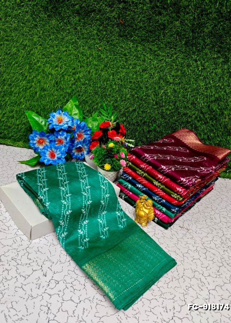 Fancy Print  Office Wear Cotton Sarees All Over Body Cross Line Dots And Little Leaf Design trailing pattern Premium Look lightweight Comfortable Wear - EMERALD COLOUR