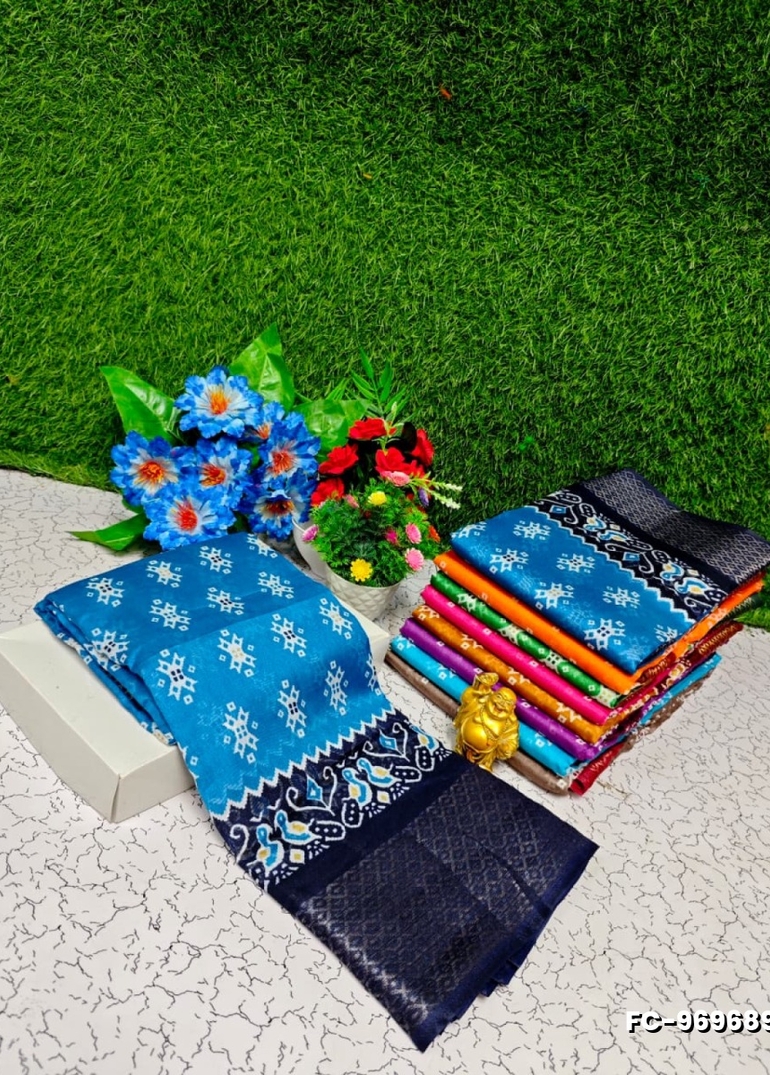 Fancy Print  Office Wear Cotton Sarees All Over Body Poo Design Premium Look lightweight Comfortable Wear - BLUE COLOUR