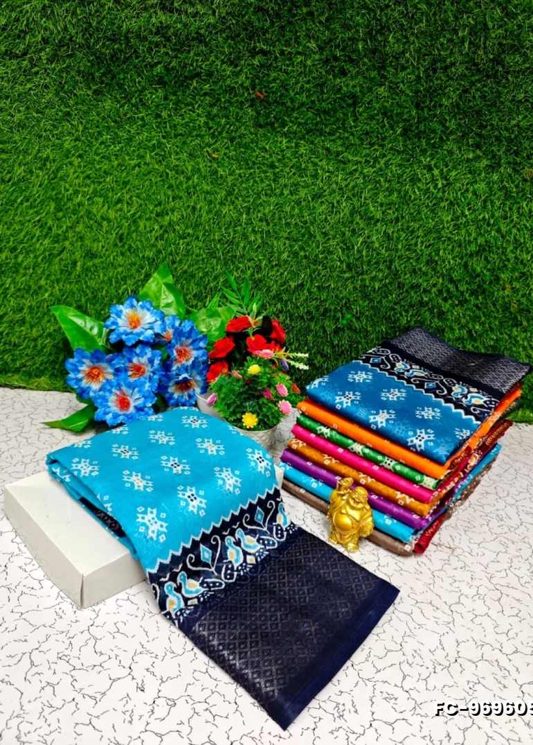 Fancy Print  Office Wear Cotton Sarees All Over Body Poo Design Premium Look lightweight Comfortable Wear - SKY BLUE