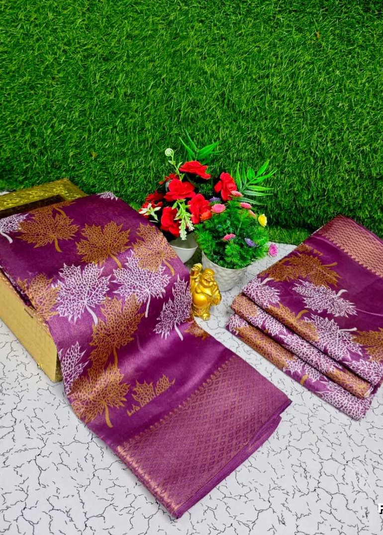 Fancy print office wear cotton sarees all over body Leaf design premium look lightweight comfortable wear - PLUM COLOUR