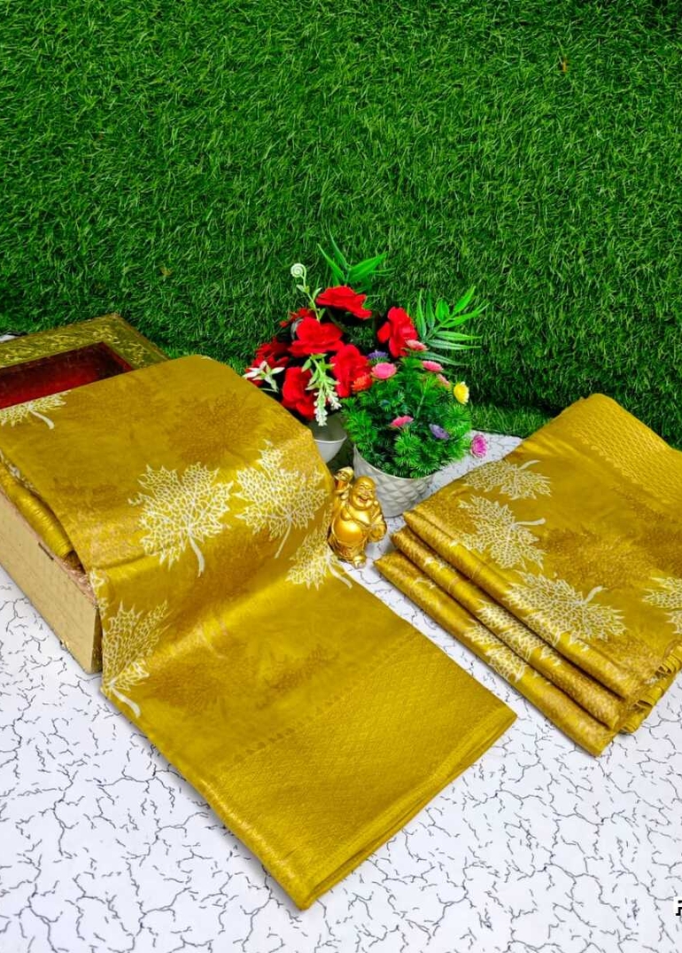 Fancy print office wear cotton sarees all over body Leaf design premium look lightweight comfortable wear - GOLDEN