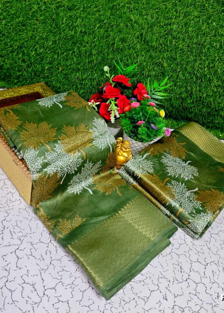 Fancy print office wear cotton sarees all over body Leaf design premium look lightweight comfortable wear - GREEN