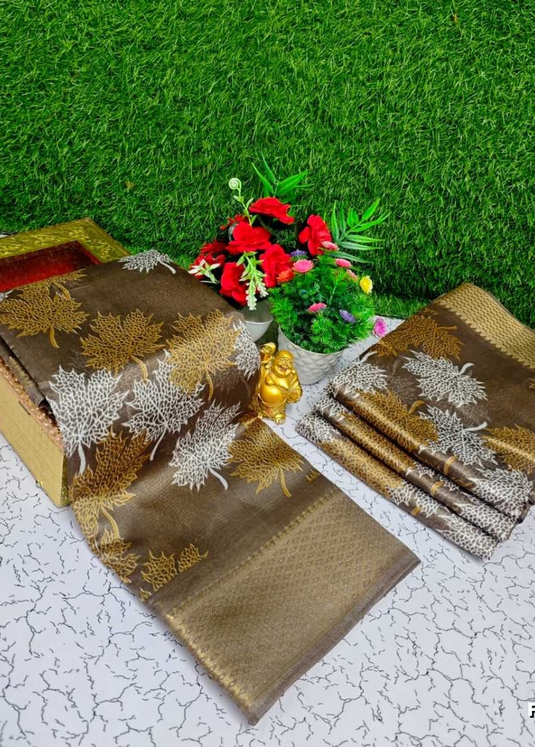 Fancy print office wear cotton sarees all over body Leaf design premium look lightweight comfortable wear - BROWN