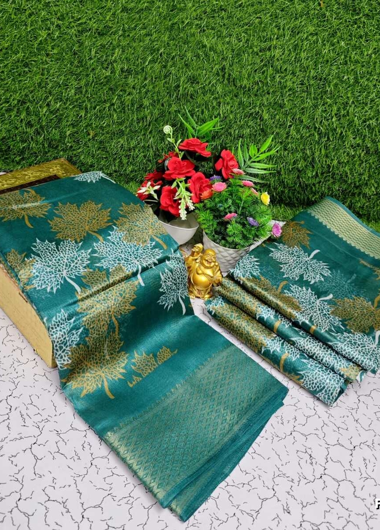 Fancy print office wear cotton sarees all over body Leaf design premium look lightweight comfortable wear - TEAL COLOUR