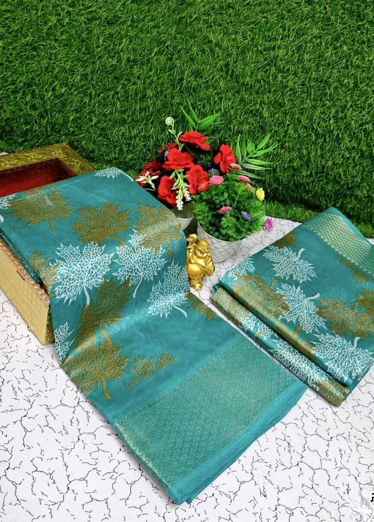 Fancy print office wear cotton sarees all over body Leaf design premium look lightweight comfortable wear - LIGHT GREEN SHADE
