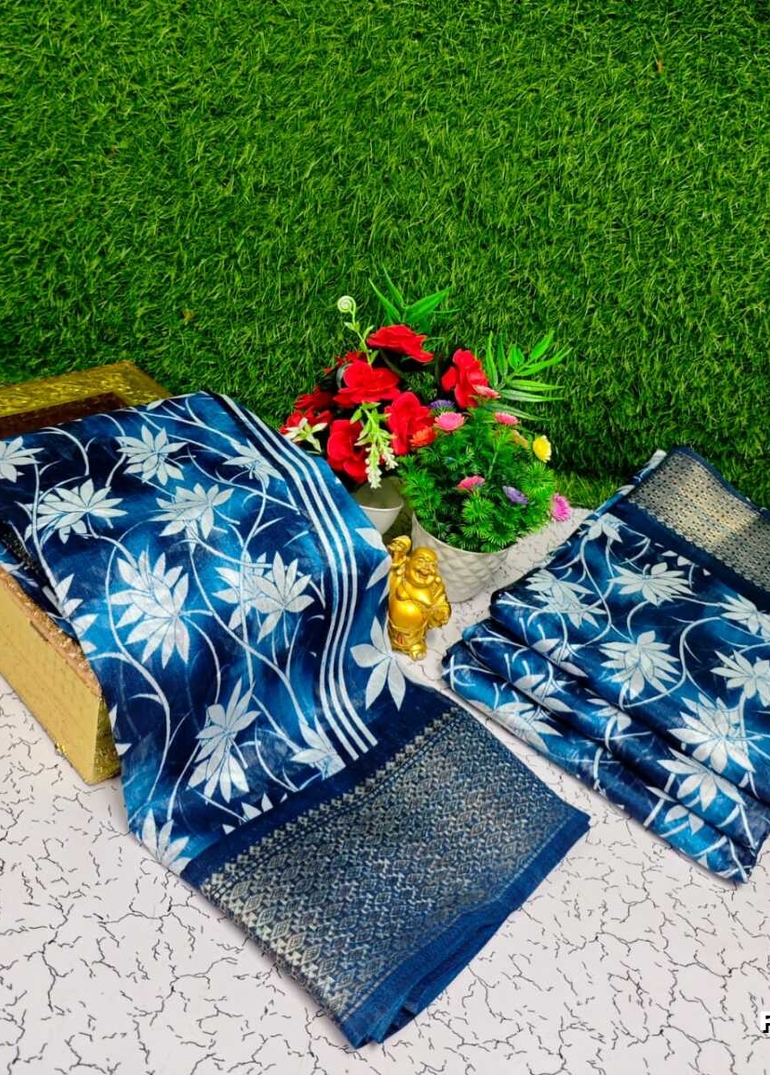 Fancy print office wear cotton sarees all over body Leaf Kodi Pattern design premium look lightweight comfortable wear - BLUE COLOUR