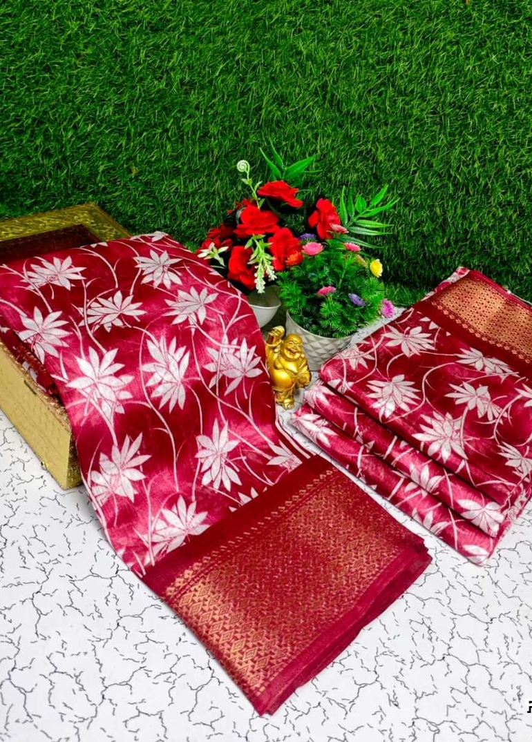 Fancy print office wear cotton sarees all over body Leaf Kodi Pattern design premium look lightweight comfortable wear - TOMATO COLOUR